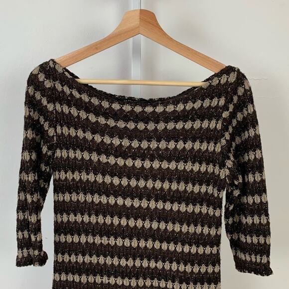 La Fee 3 S Maraboutee Italy Crochet Knit Sweater Dress 3/4 Sleeve Stripe Brown - Picture 3 of 8